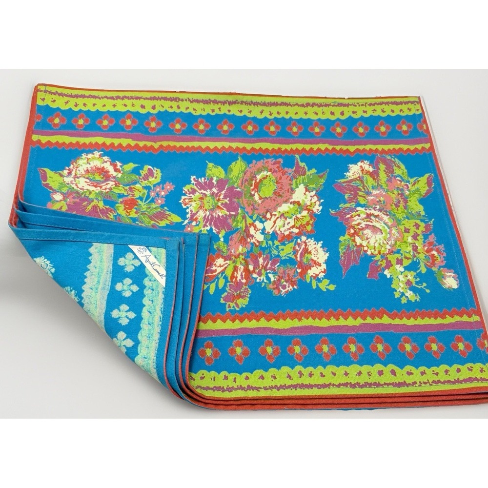 April Cornell Placemats Floral Rose Blue Shabby Cottage 4 PC French Country Retr
